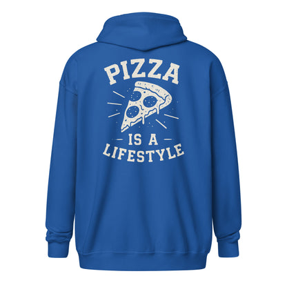 Blue hoodie with 'Pizza is a Lifestyle' text and graphic on the back against a white background