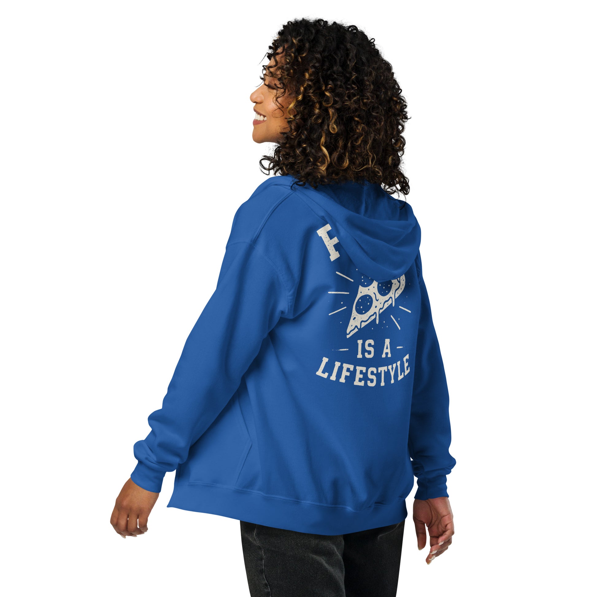 Person wearing a blue hoodie with a graphic design and text on the back, on a white background