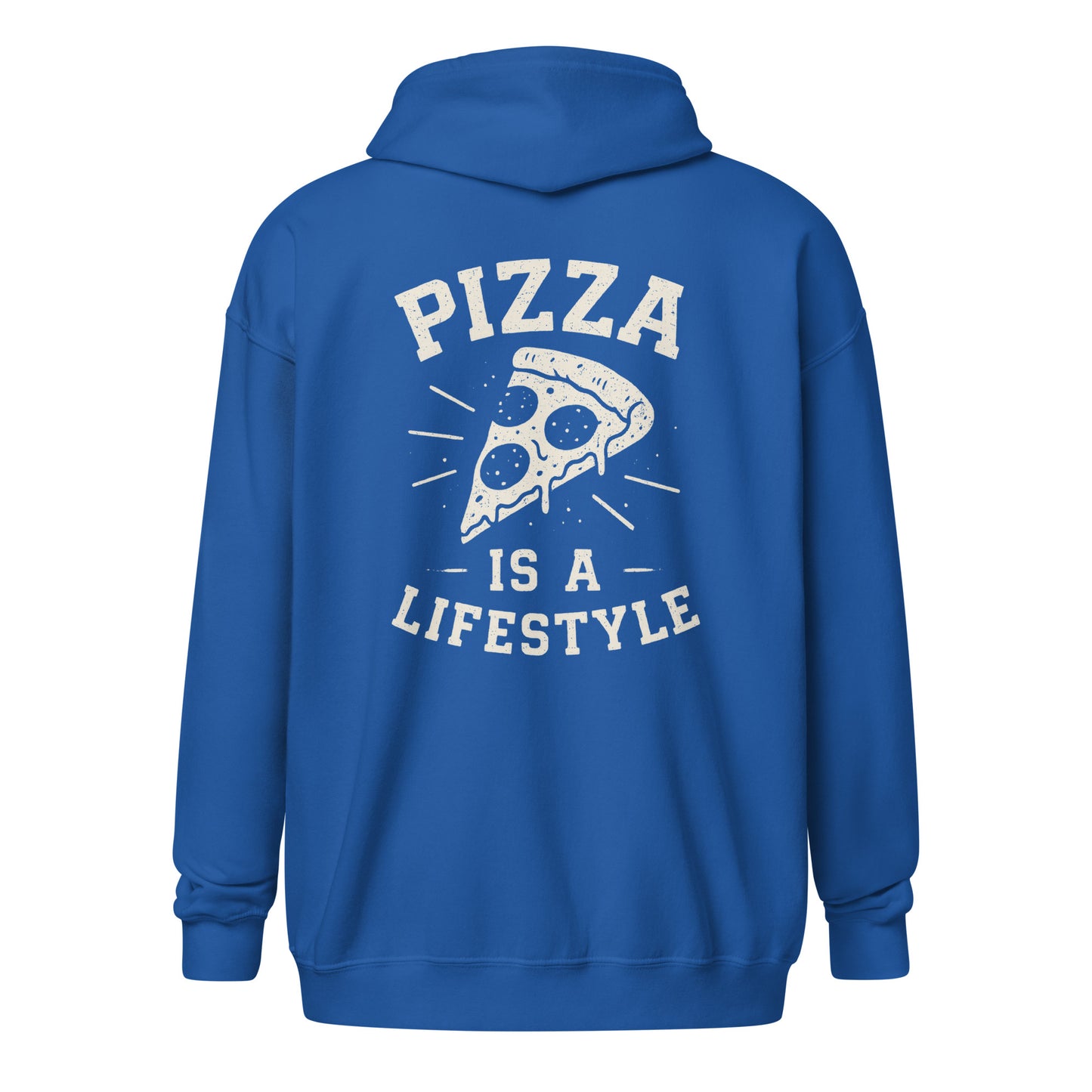 Blue hoodie with 'Pizza is a Lifestyle' text and pizza slice graphic on the back.