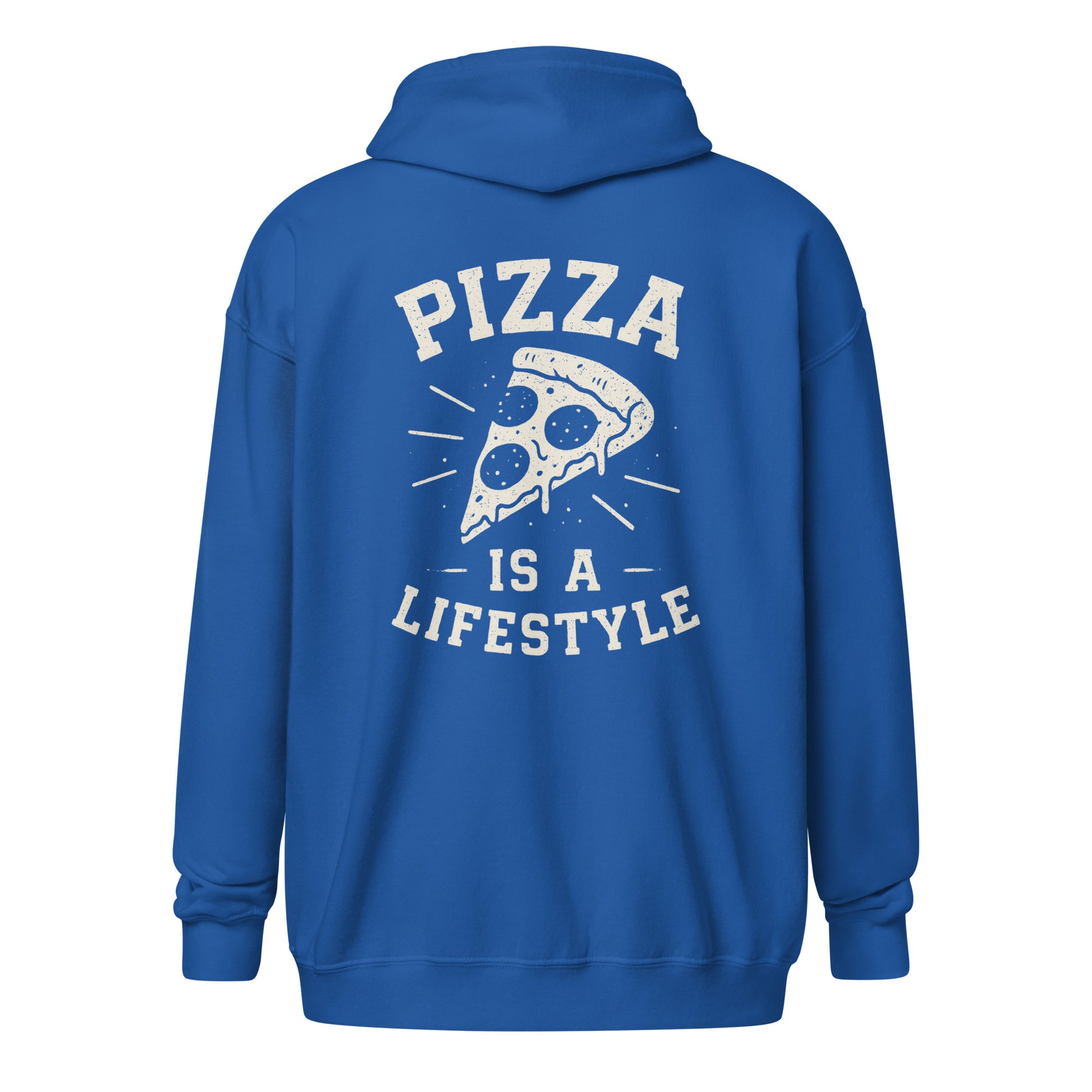 Blue hoodie with 'Pizza is a Lifestyle' text and pizza slice graphic on the back.
