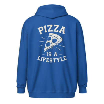 Blue hoodie with 'Pizza is a Lifestyle' text and pizza slice graphic on the back.