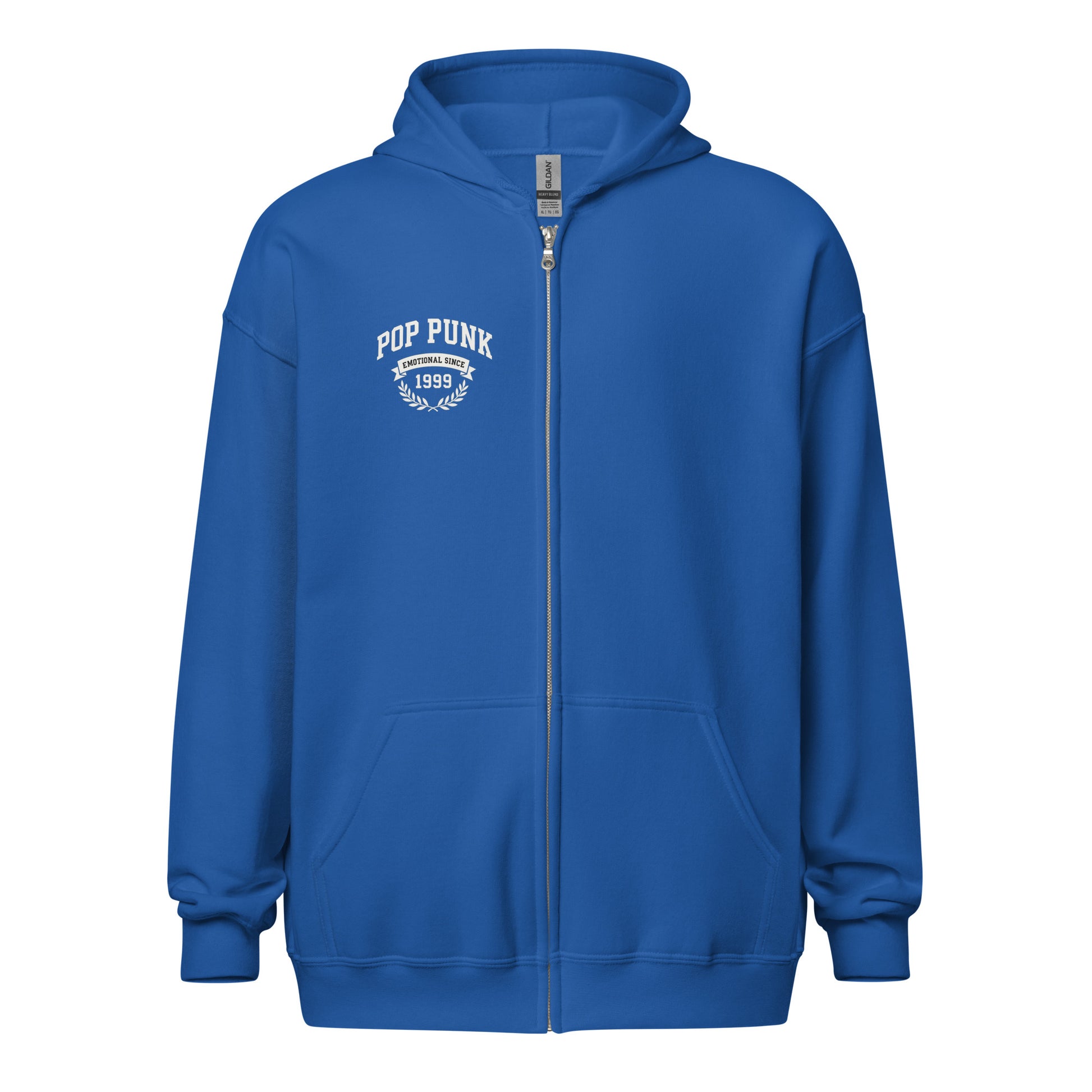 Blue hoodie with 'Pop Punk 1989' text on a white background