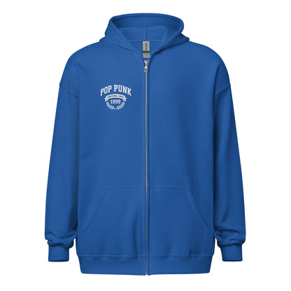 Blue hoodie with 'Pop Punk 1989' text on a white background