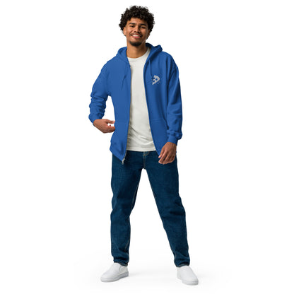 Man wearing a blue hoodie, white t-shirt, and jeans on a white background