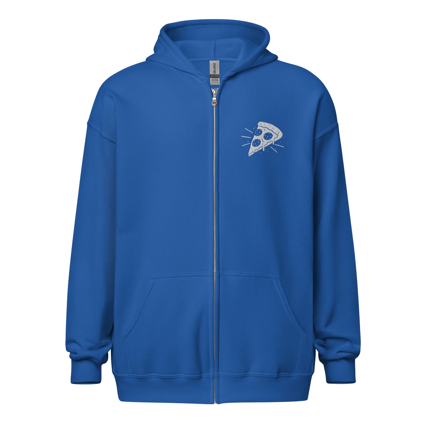 Blue hoodie with a pizza slice design on the chest against a white background