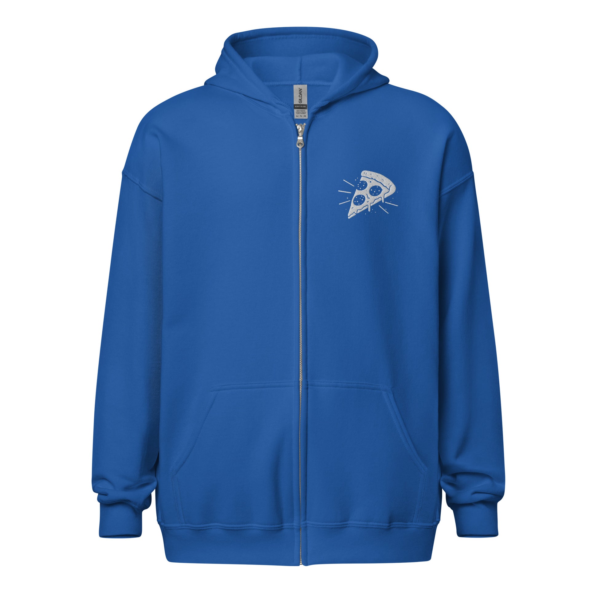 Blue hoodie with a pizza slice design on the chest against a white background