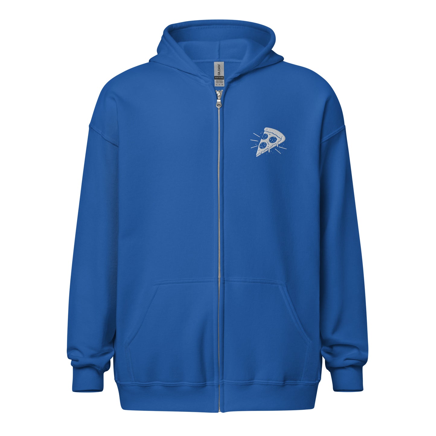 Blue hoodie with a logo on the chest against a white background