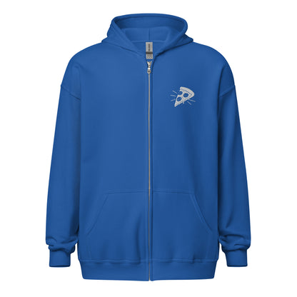 Blue hoodie with a logo on the chest against a white background