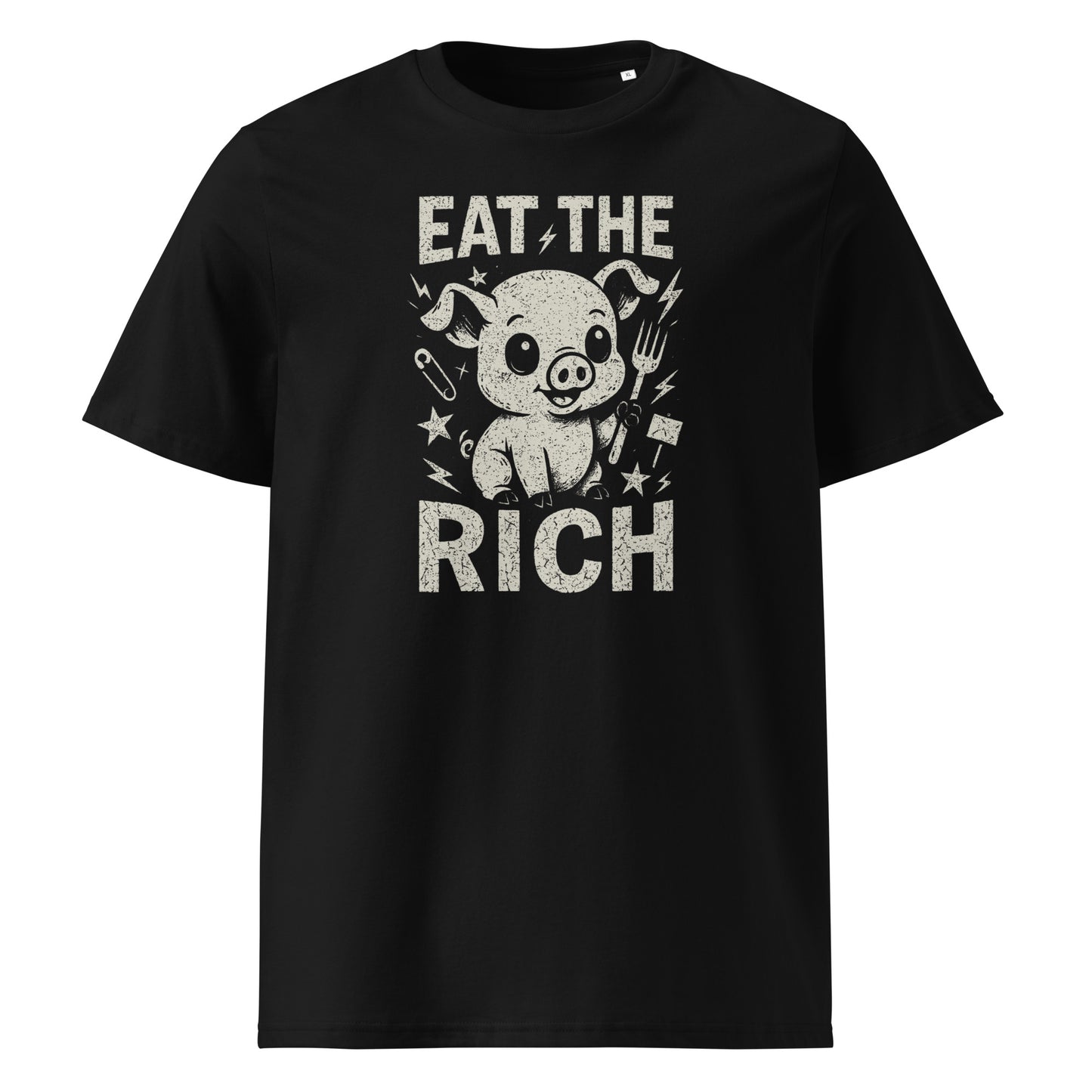 Black t-shirt with graphic design and text 'Eat the Rich' on a white background