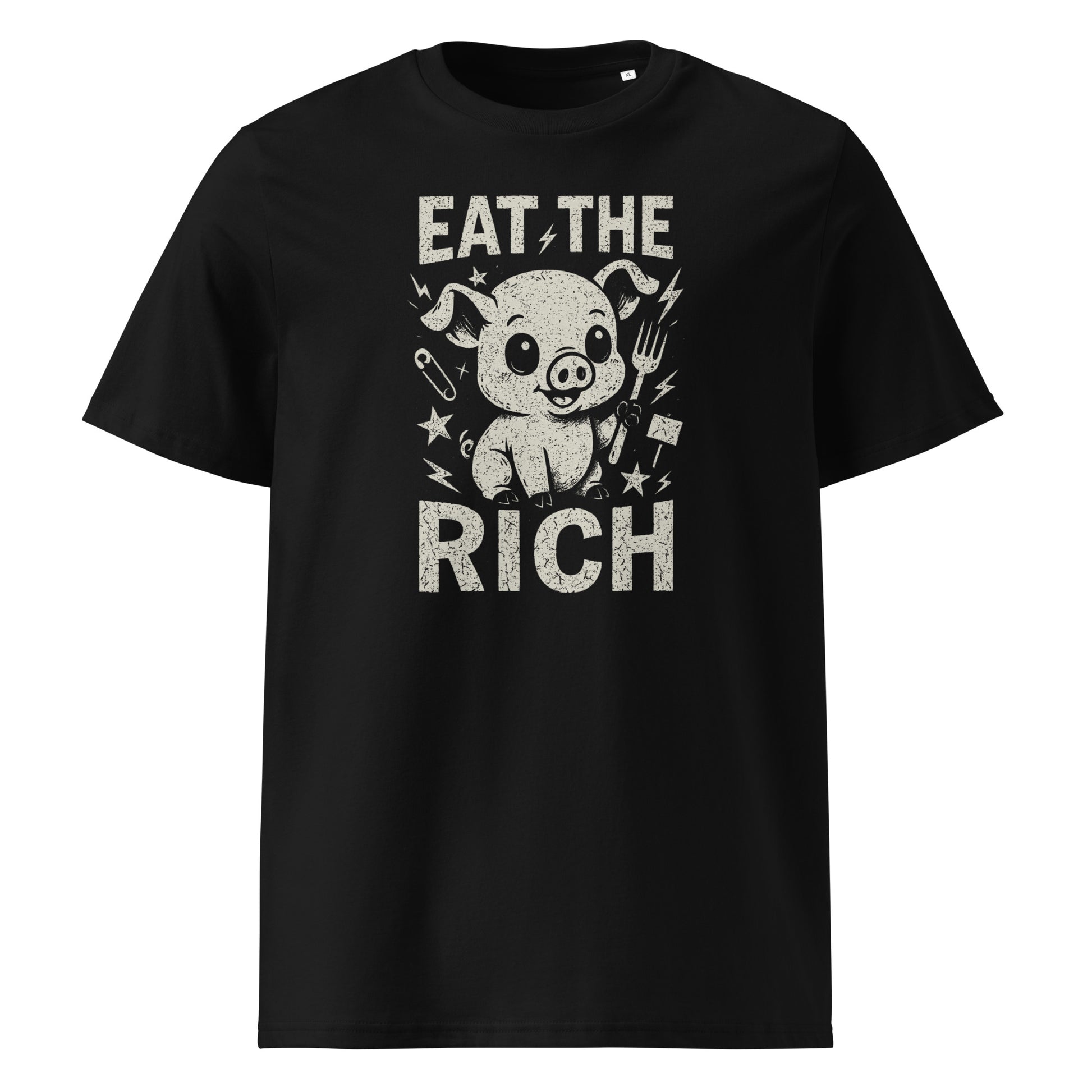 Black t-shirt with graphic design and text 'Eat the Rich' on a white background