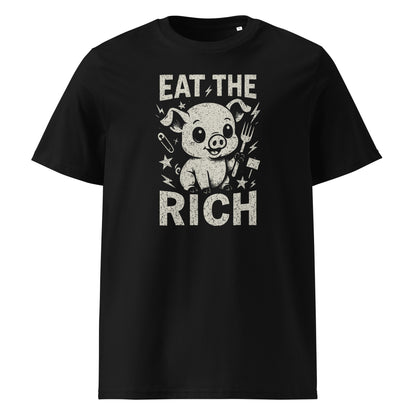 Black t-shirt with graphic design and text 'Eat the Rich' on a white background