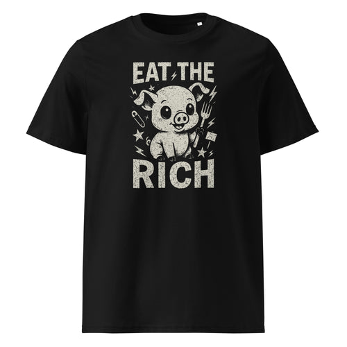 Black t-shirt with graphic design and text 'Eat the Rich' on a white background
