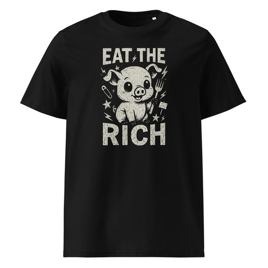 Black t-shirt with graphic design and text 'Eat the Rich' on a white background