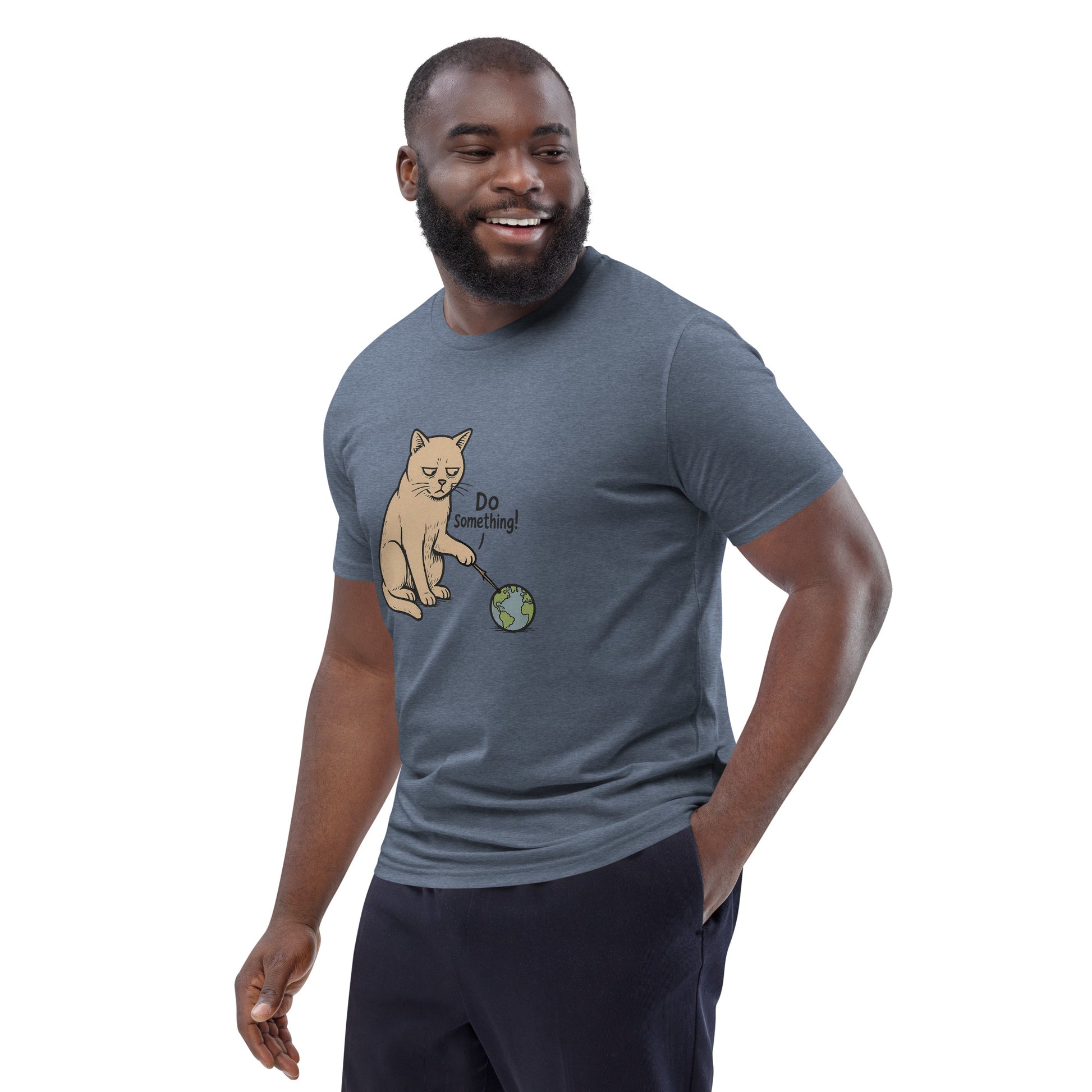 Man wearing a gray t-shirt with a cat graphic and text on a white background