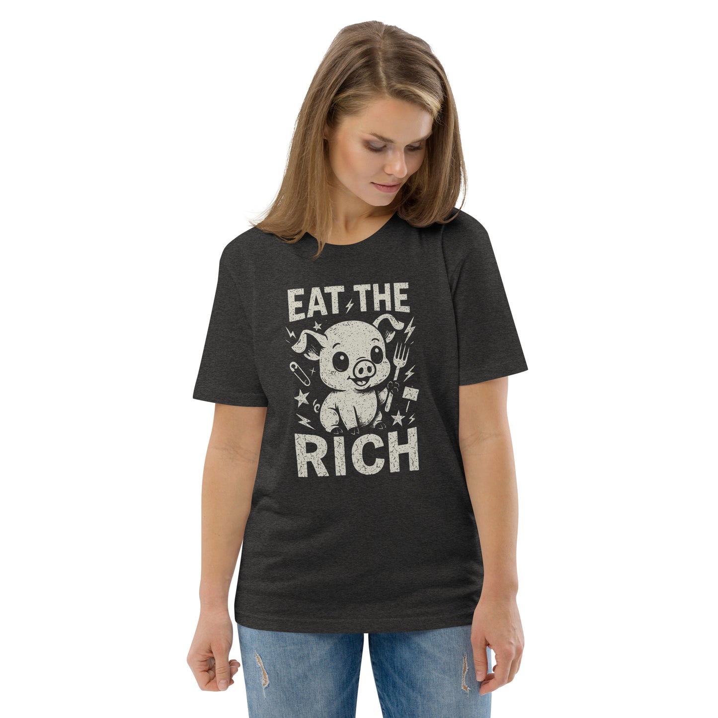 Woman wearing a black t-shirt with 'Eat the Rich' graphic design on a white background