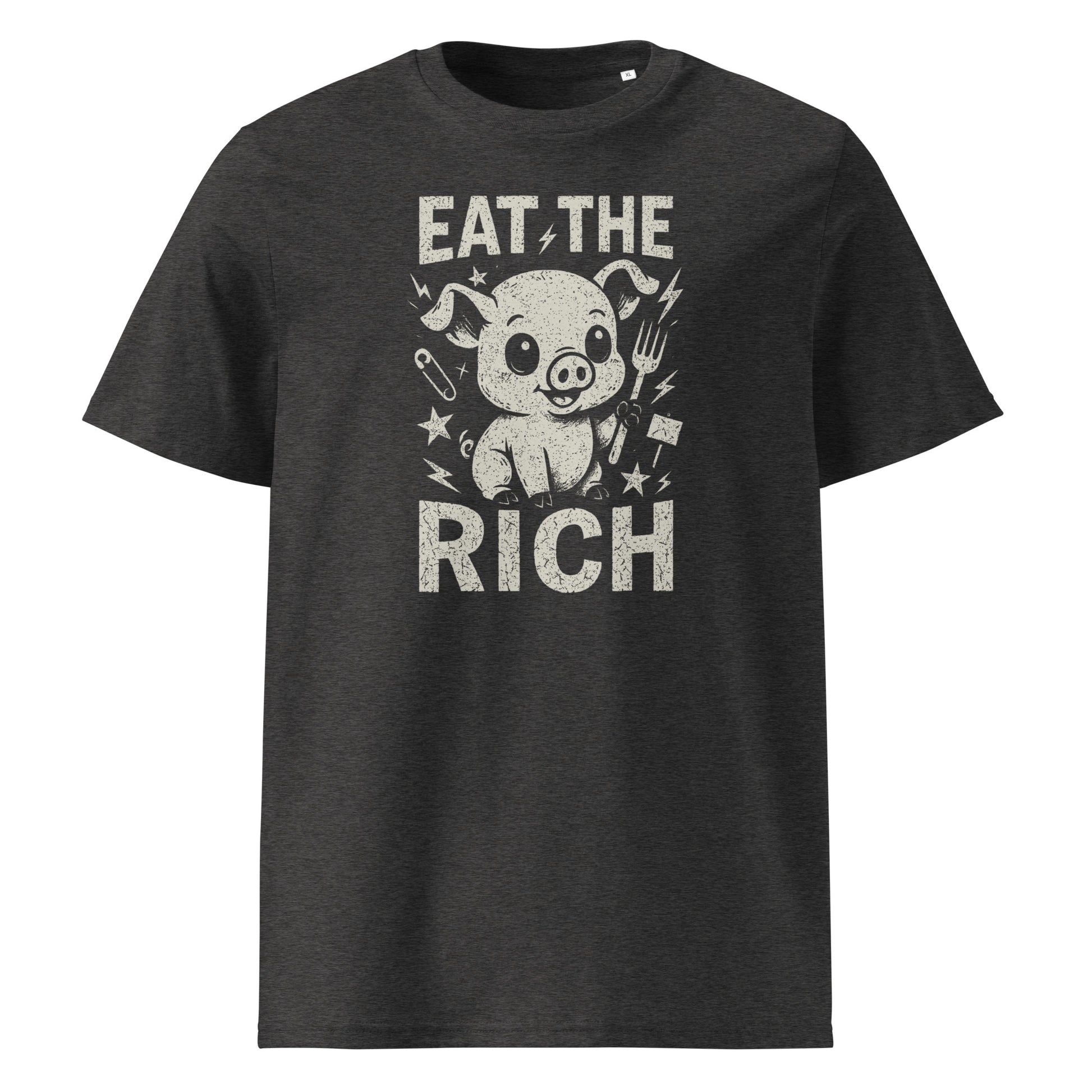 Black t-shirt with a graphic of a pig and text 'Eat the Rich' on a white background
