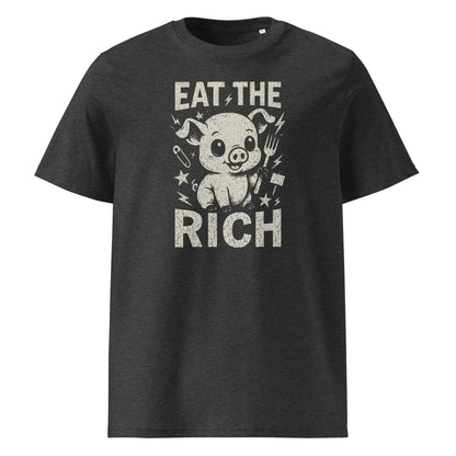 Black t-shirt with a graphic of a pig and text 'Eat the Rich' on a white background