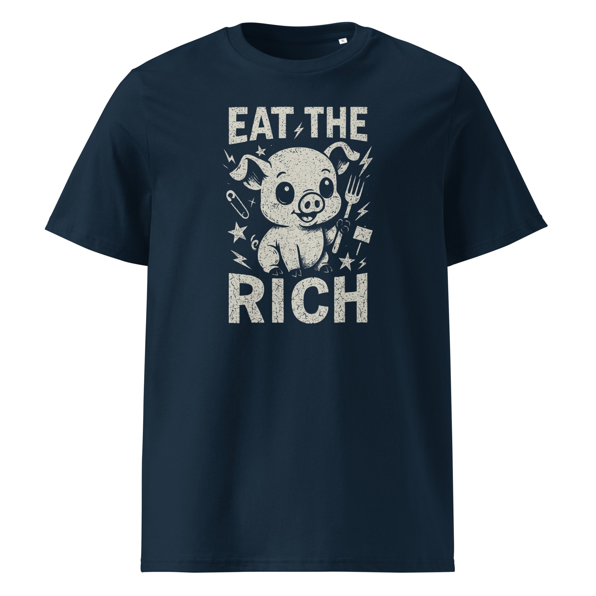 Navy blue t-shirt with graphic design and text 'Eat the Rich' on a white background