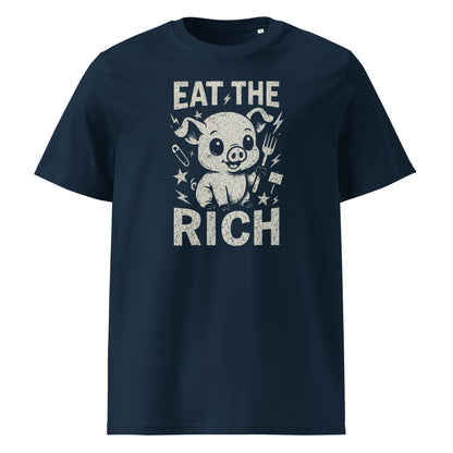 Navy blue t-shirt with graphic design and text 'Eat the Rich' on a white background