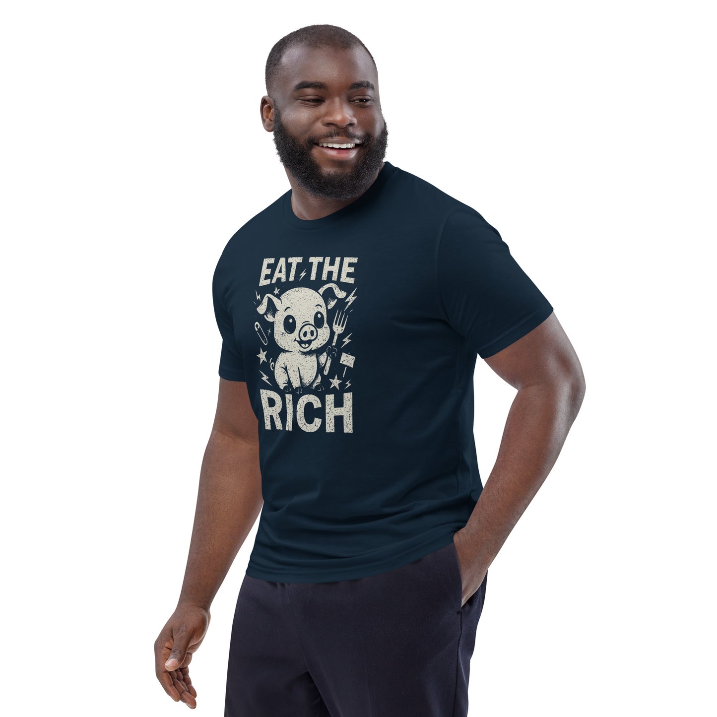 Man wearing a black t-shirt with 'Eat the Rich' graphic design on a white background