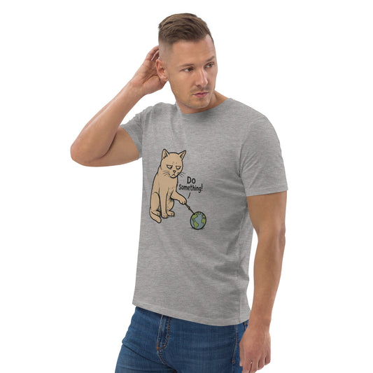 man wearing Unisex organic cotton t-shirt with bold slogan Do Something in protest-style graphic