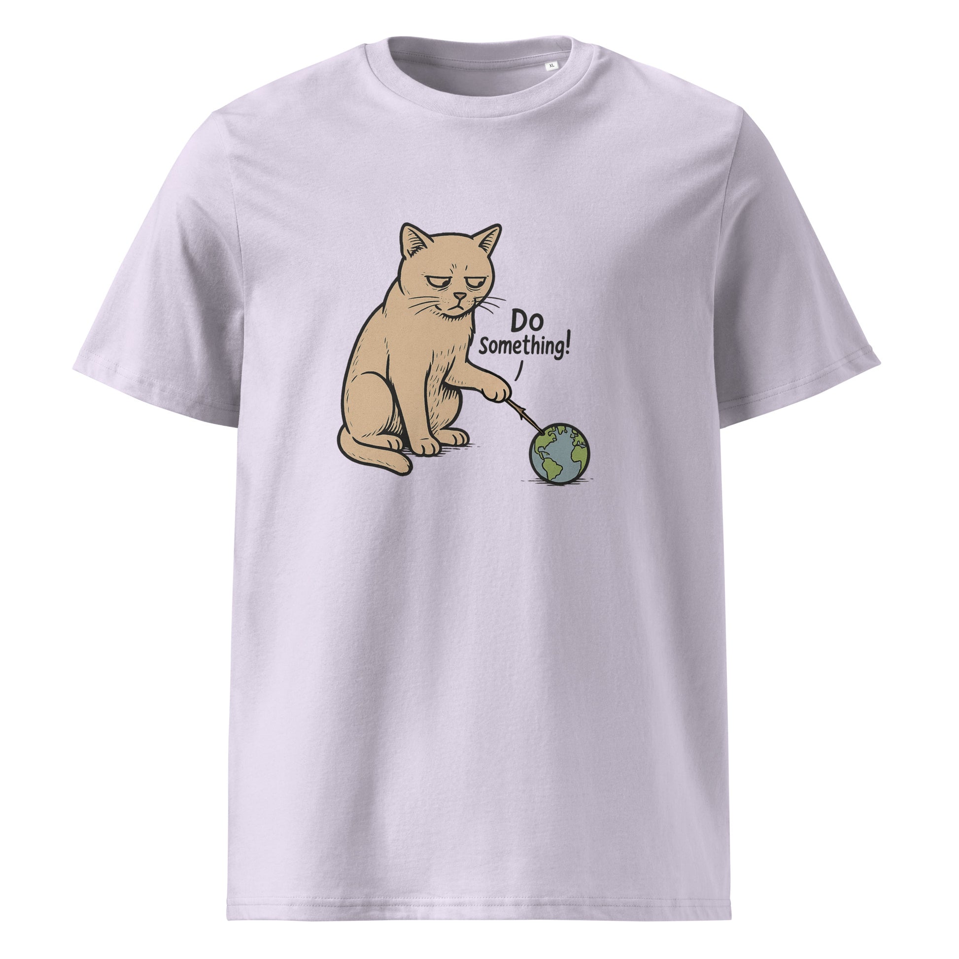 White t-shirt with a cat holding a globe and 'Do Something!' text on a white background