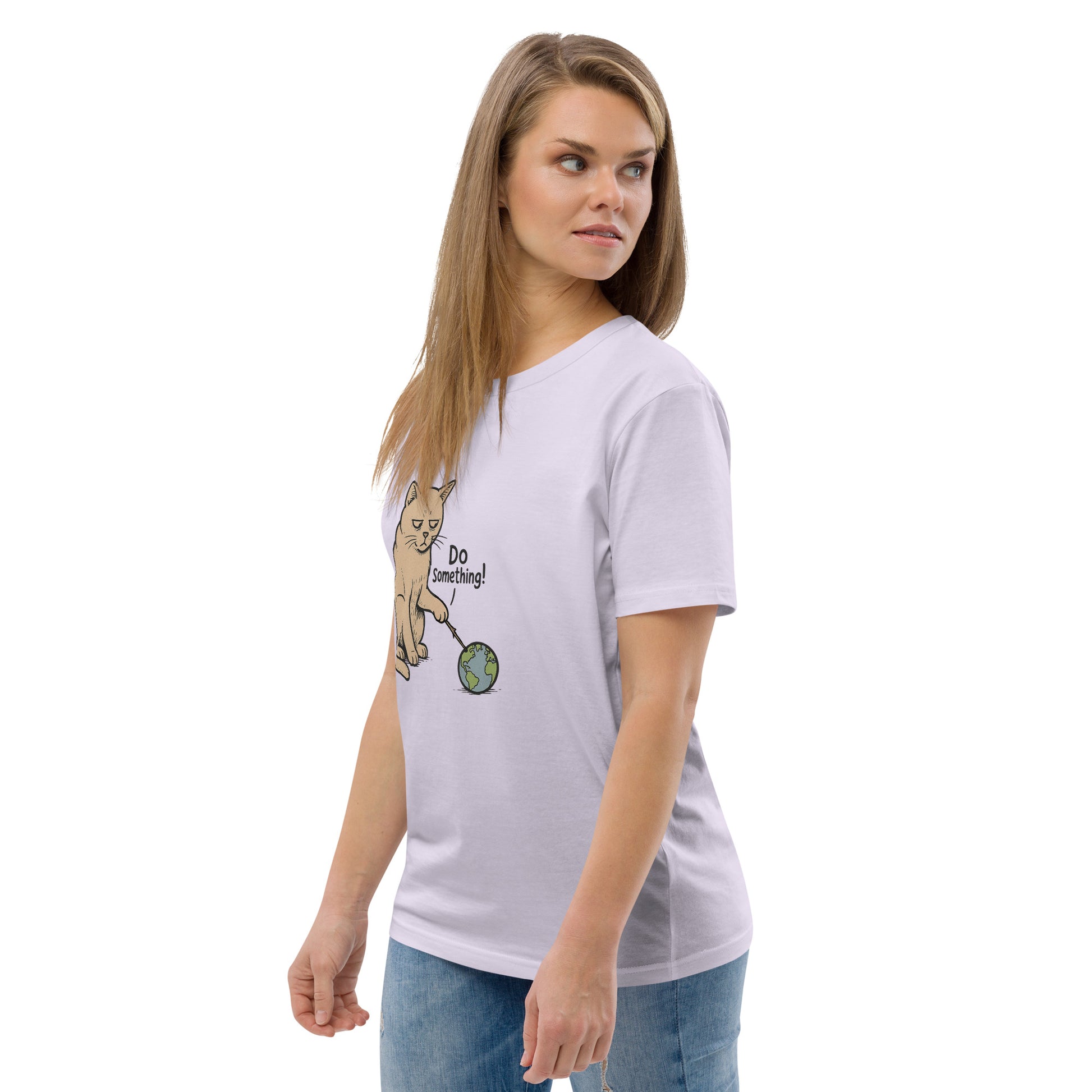 Woman wearing a white t-shirt with a graphic design on a white background
