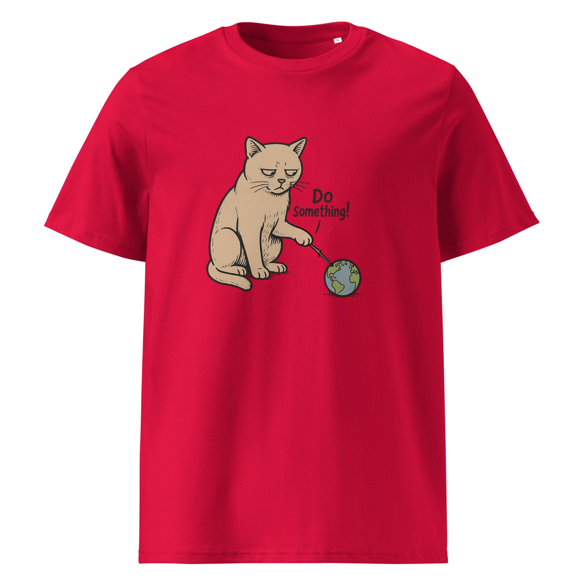 Red t-shirt with a cat illustration and 'Do Something!' text on a white background