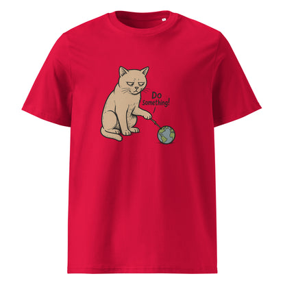 Red t-shirt with a cat illustration and 'Do Something!' text on a white background