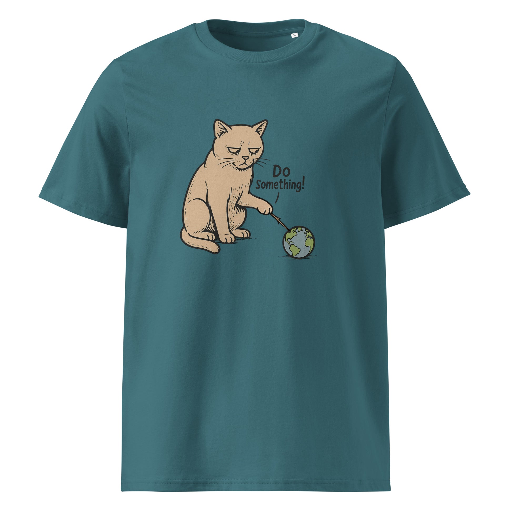 Teal t-shirt with a cat illustration and 'Do Something!' text on a white background