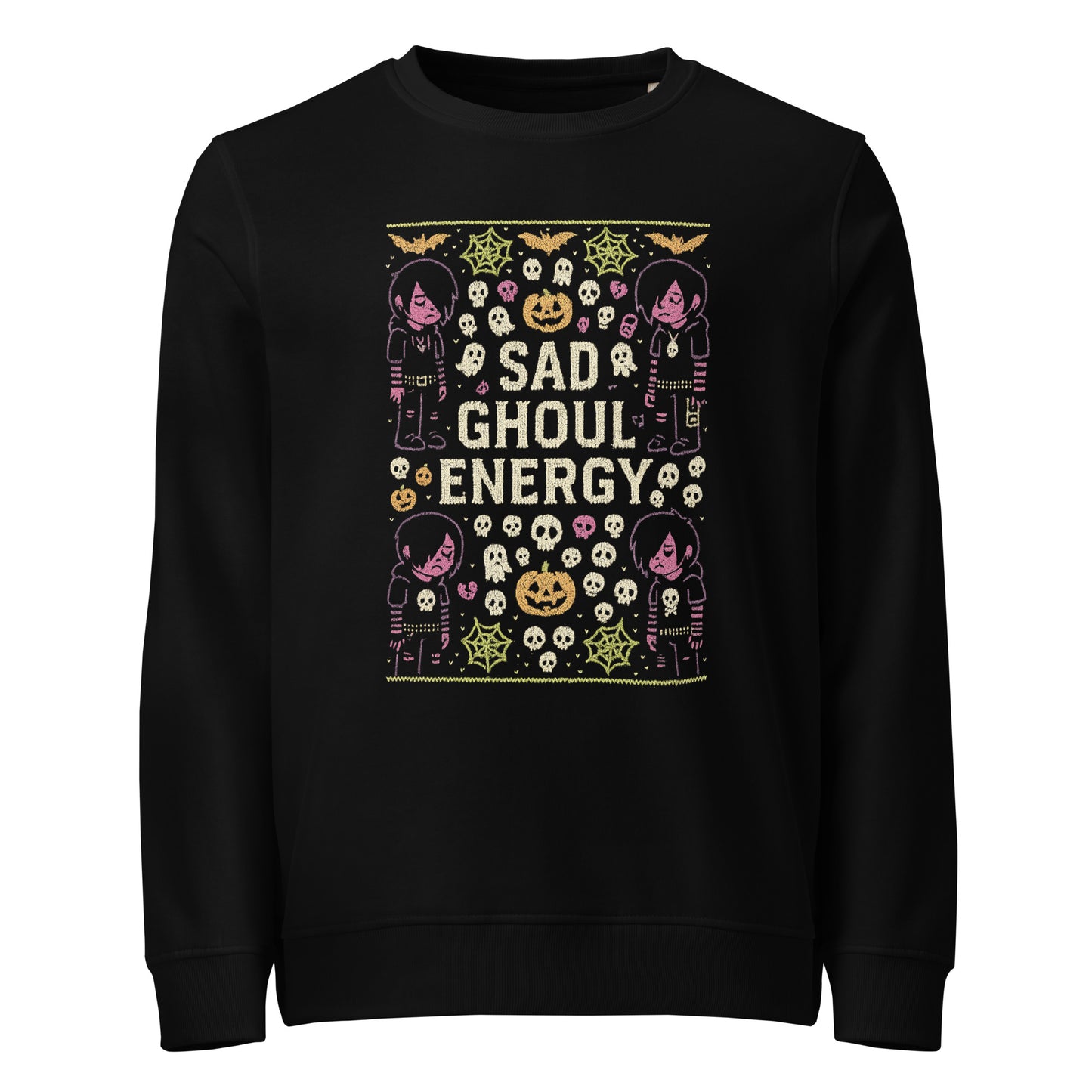 Black sweatshirt with Halloween-themed design and 'Sad Ghoul Energy' text on a white background