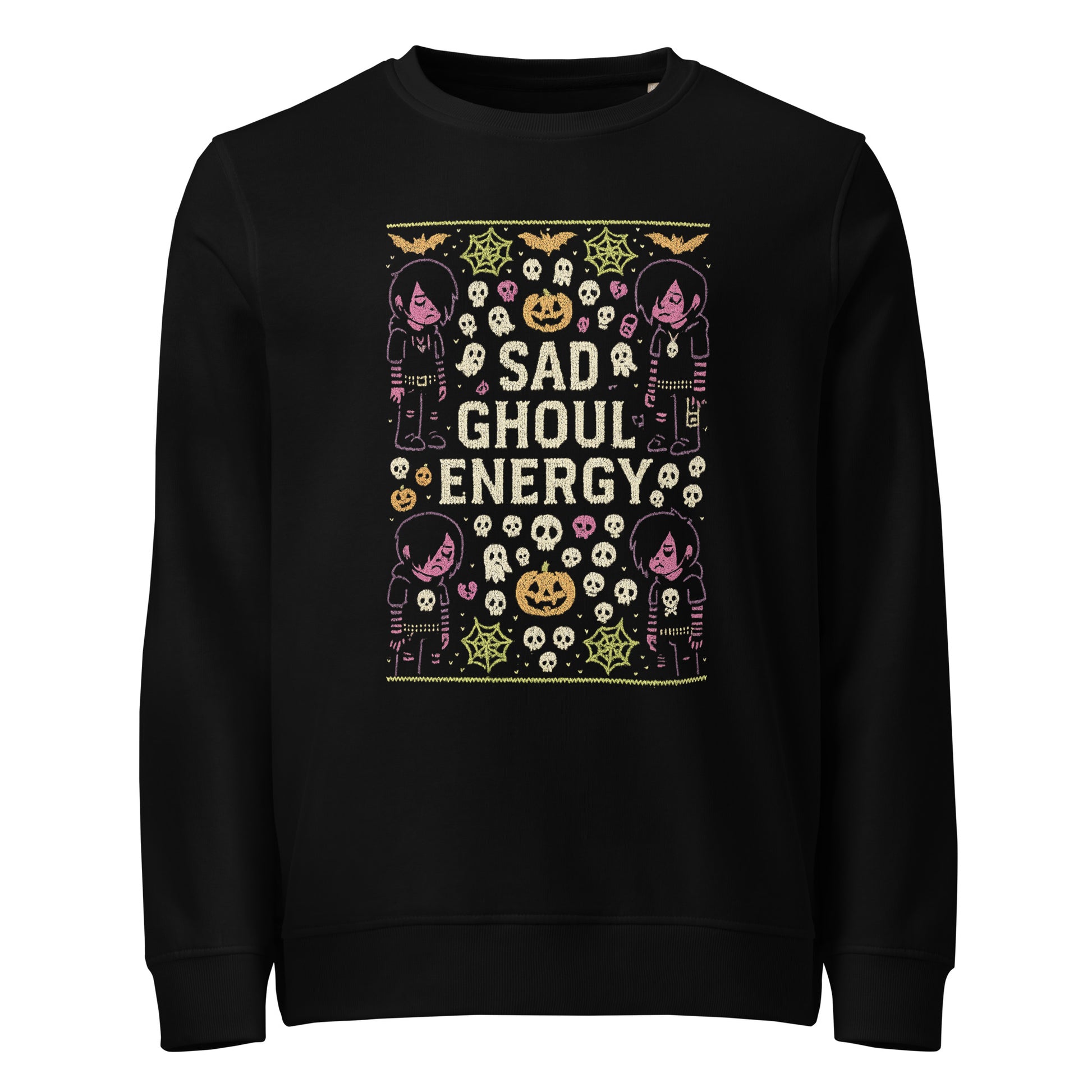 Black sweatshirt with Halloween-themed design and 'Sad Ghoul Energy' text on a white background