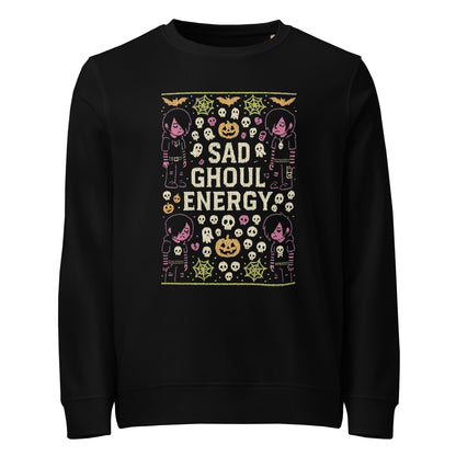 Black sweatshirt with Halloween-themed design and 'Sad Ghoul Energy' text on a white background