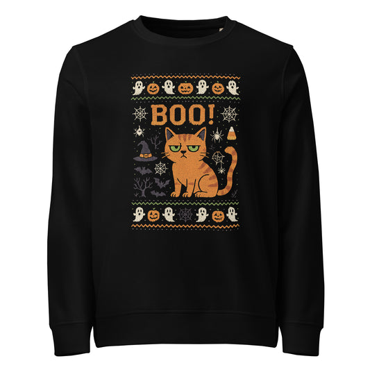 Black sweatshirt with Halloween-themed design featuring a cat, pumpkins, and text on a white background.