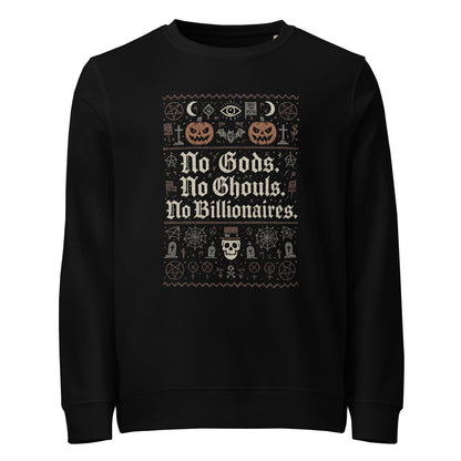 Black sweatshirt with Halloween-themed design and text on a white background