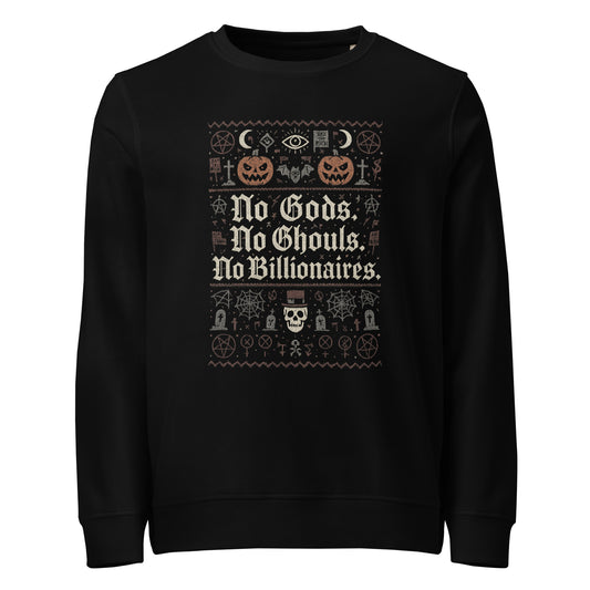 Black sweatshirt with Halloween-themed design and text on a white background