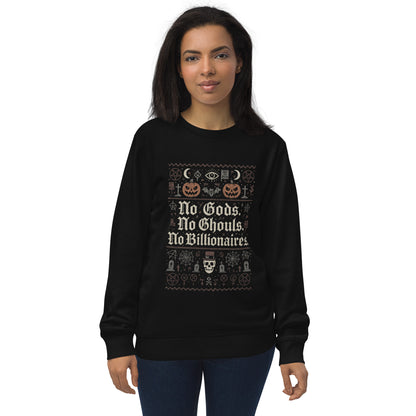 Person wearing a black sweatshirt with Halloween-themed text and graphics on a white background