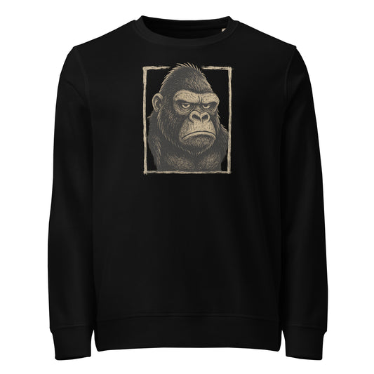 Black sweatshirt with a graphic of a gorilla's face on a white background