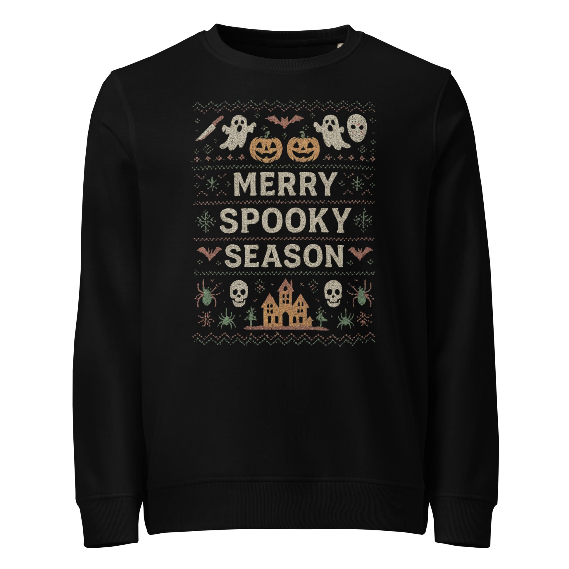 Black sweatshirt with Halloween-themed design and 'Merry Spooky Season' text on a white background