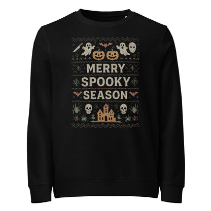 Black sweatshirt with Halloween-themed design and 'Merry Spooky Season' text on a white background