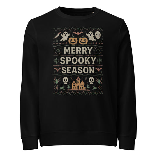 Black sweatshirt with Halloween-themed design and 'Merry Spooky Season' text on a white background