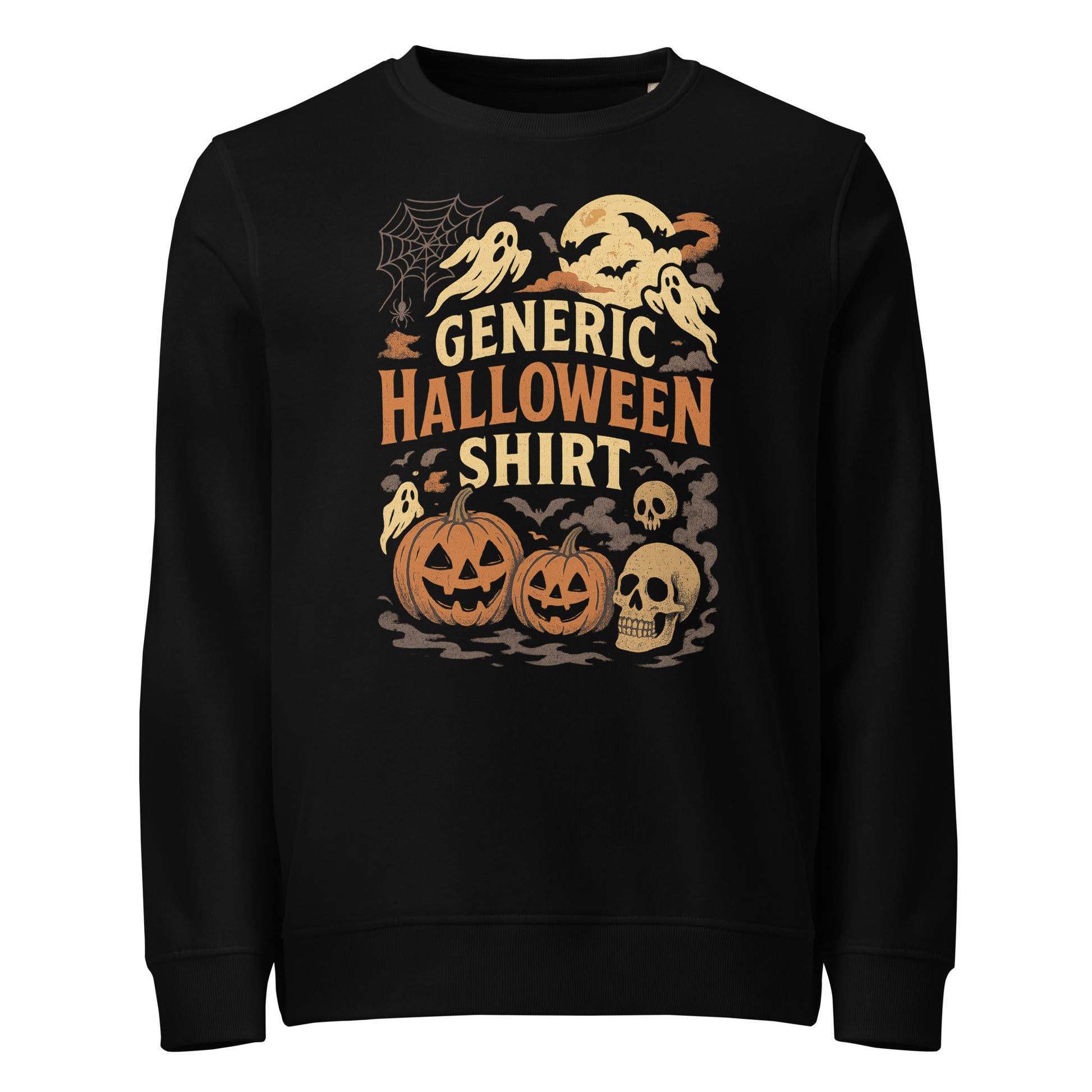 Black sweatshirt with Halloween-themed graphics on a white background