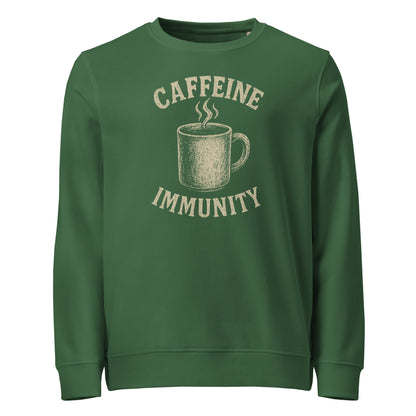 Green sweatshirt with 'CAFFEINE IMMUNITY' text and coffee cup graphic on a white background