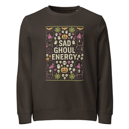Dark brown sweatshirt with 'Sad Ghoul Energy' graphic design on a white background
