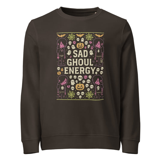 Dark brown sweatshirt with 'Sad Ghoul Energy' graphic design on a white background