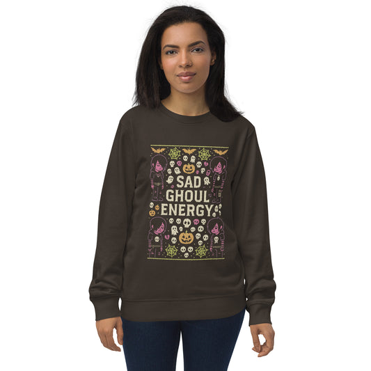 Woman wearing a brown sweatshirt with 'Sad Ghoul Energy' design on a white background