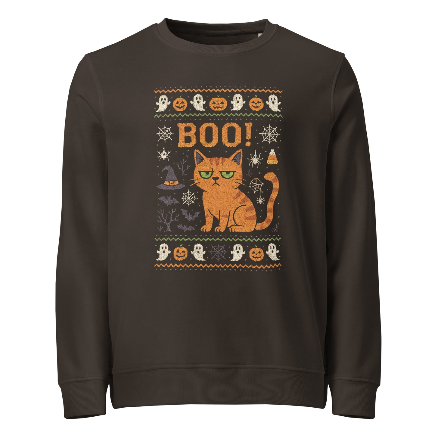 Halloween-themed sweatshirt with a cat and festive graphics on a brown background