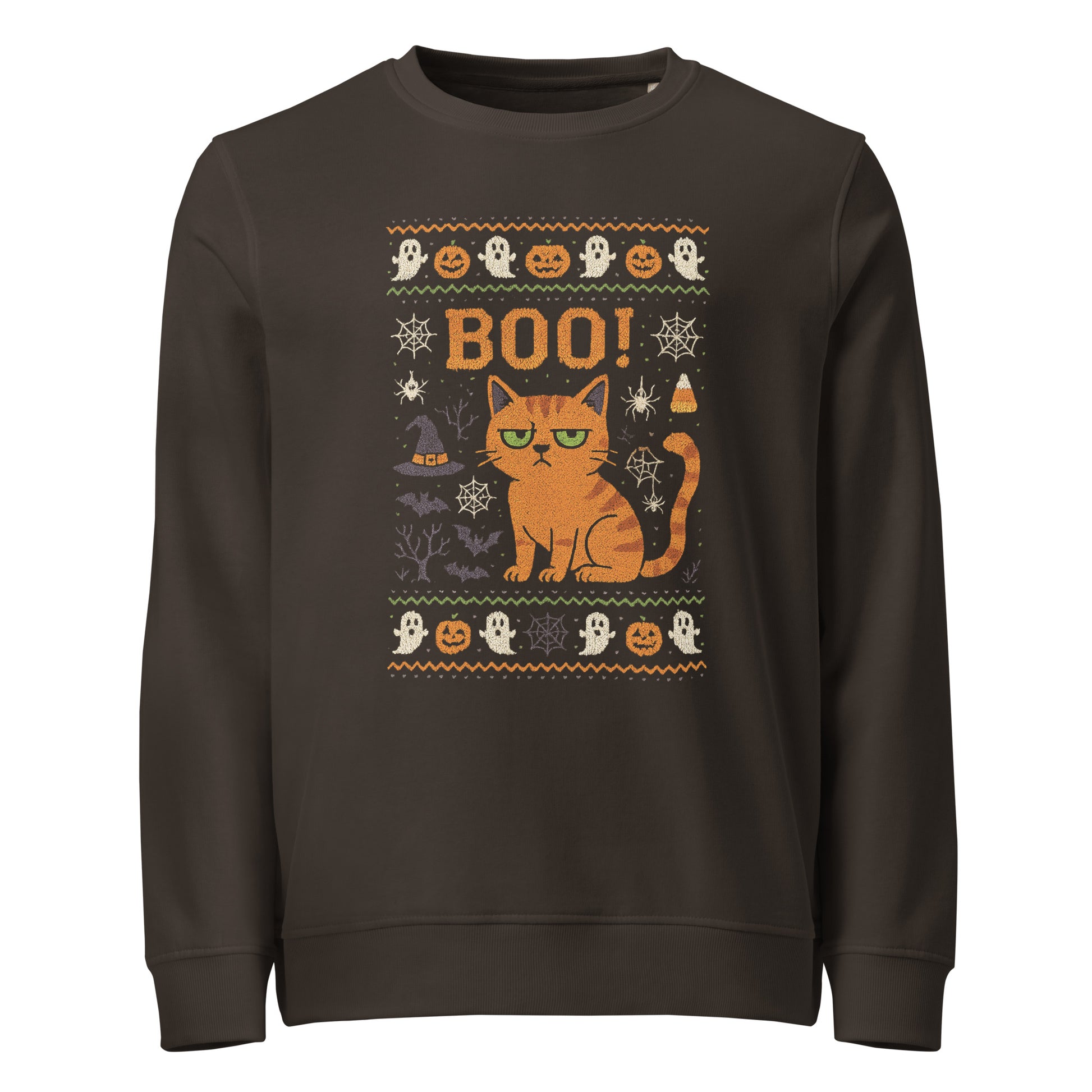 Halloween-themed sweatshirt with a cat and festive graphics on a brown background