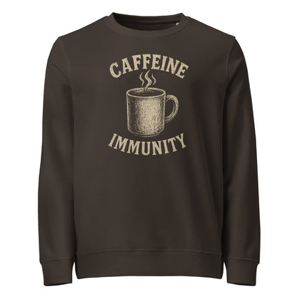 Brown sweatshirt with 'CAFFEINE IMMUNITY' text and coffee cup graphic on a white background