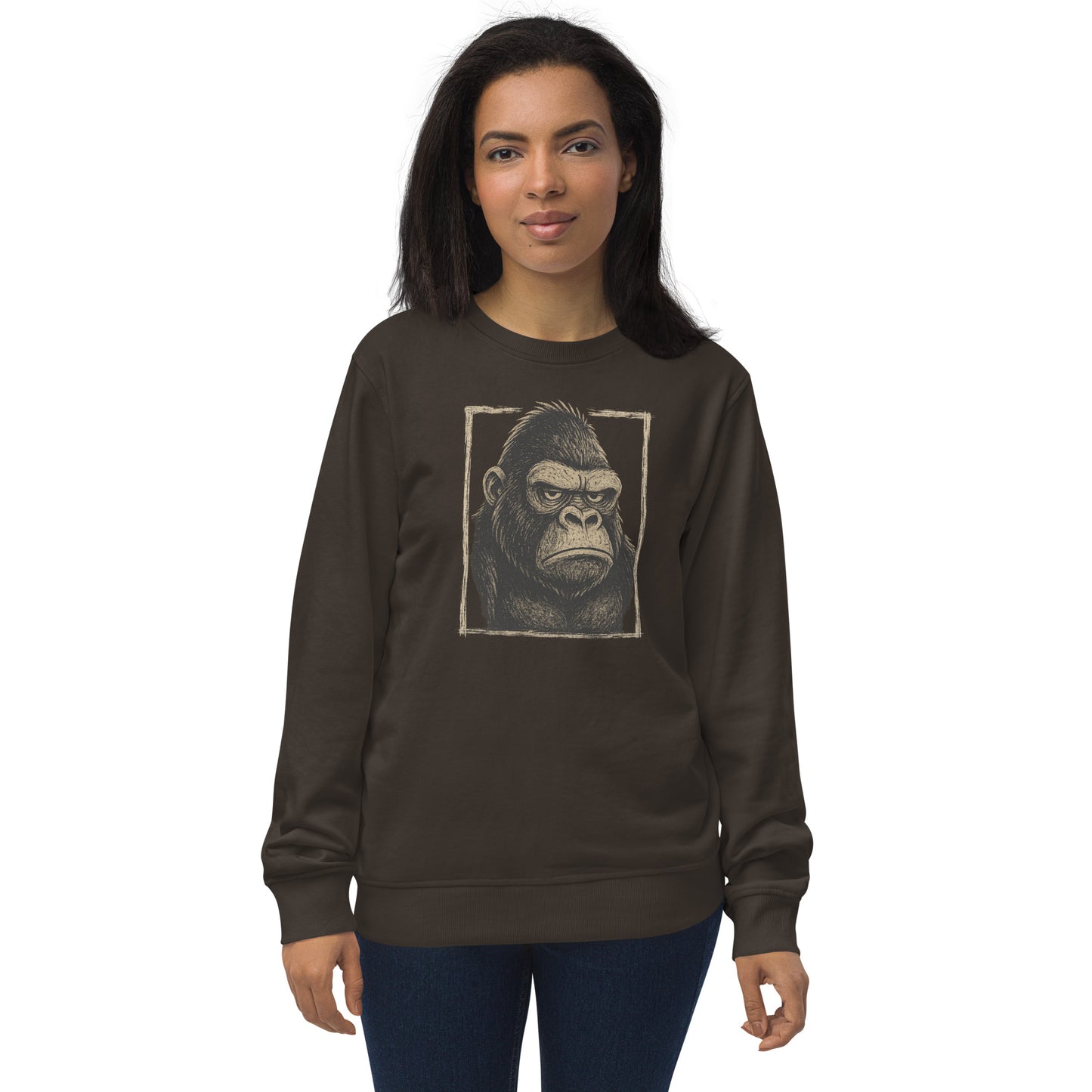 Woman wearing a dark brown sweatshirt with a gorilla graphic on a white background